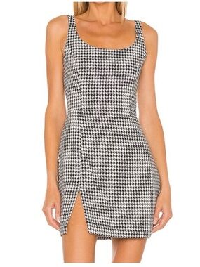 Amanda Uprichard Houndstooth Mini Dress Large Black Bodycon Slit Scoop Neck